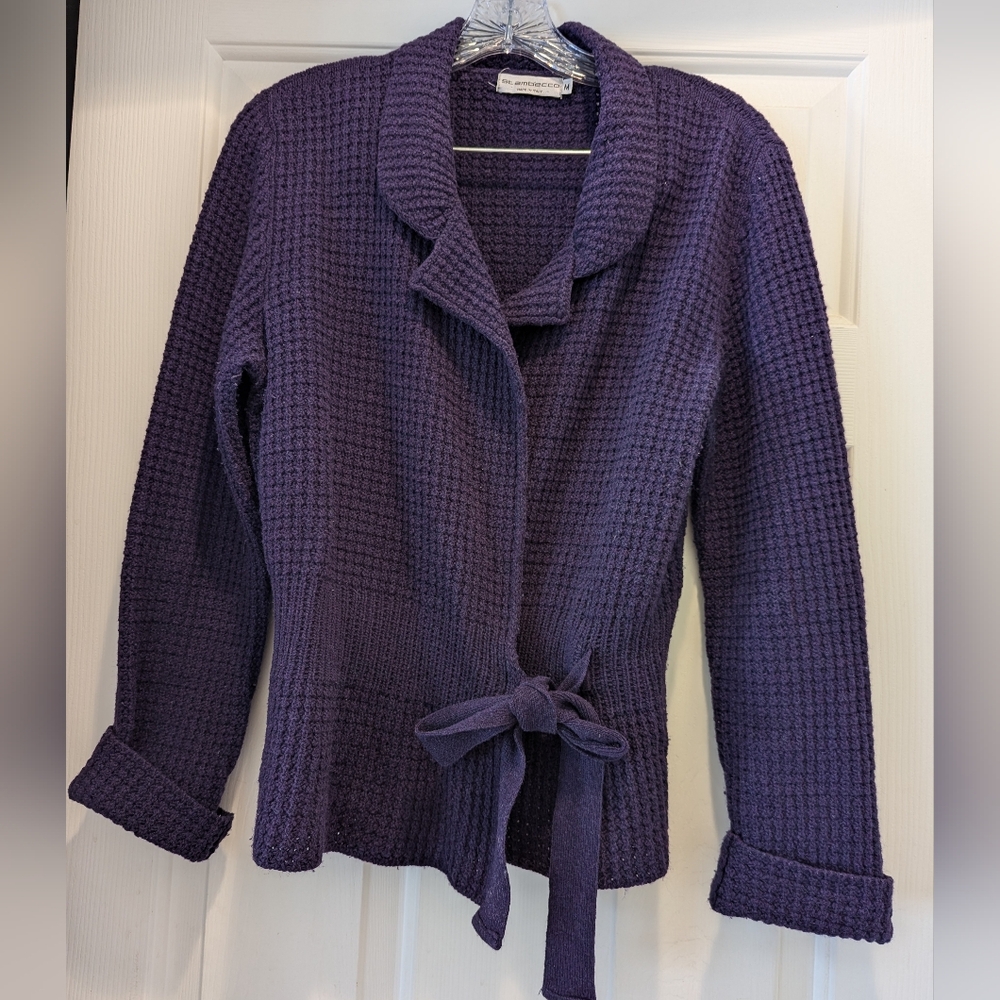 St Ambecco Sweater Jacket Deep Purple Wrap Waffle Knit Wool Blend Cardigan Sz M